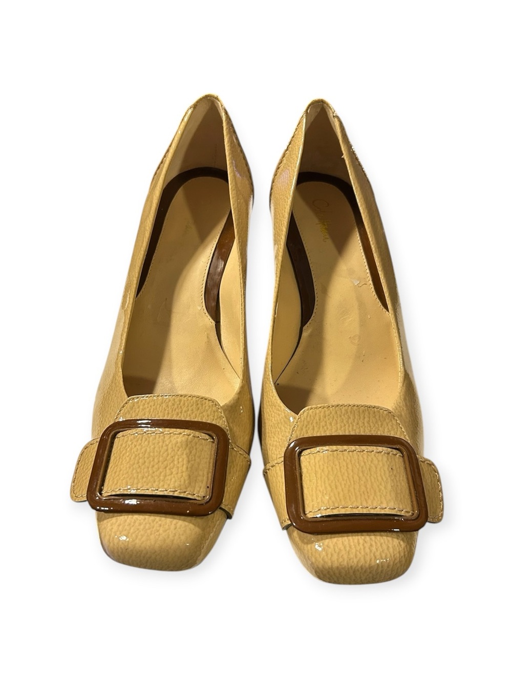 Vintage Cole Haan Tan Beige Patent Leather Square Toe Buckle Block Heel Pumps 9. - Picture 4 of 7